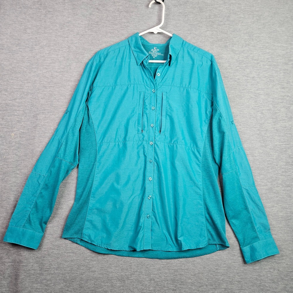 Kuhl Button Down Shirt Women's Sz XL Teal Outdoor Hiking Roll Tab Sleeve